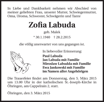 Traueranzeige von Zofia Labuda 