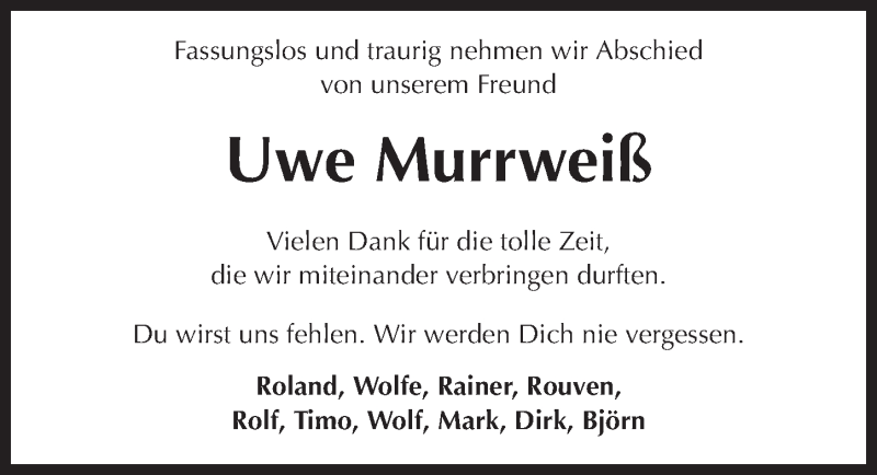  Traueranzeige für Uwe Murrweiss vom 09.05.2015 aus 