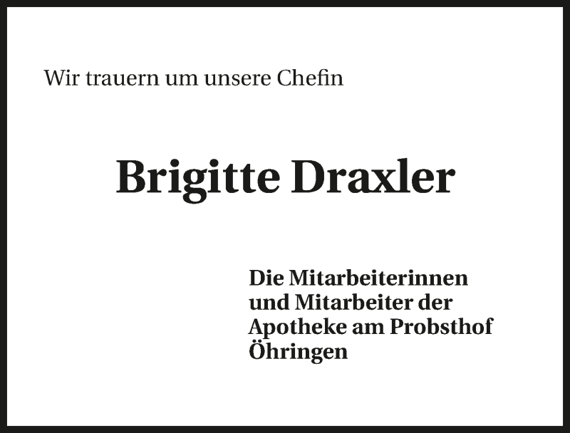  Traueranzeige für Brigitte Draxler vom 13.01.2016 aus 