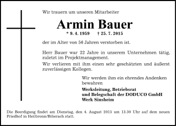 Traueranzeige von Armin Bauer 