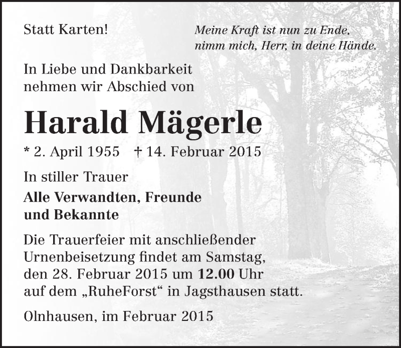  Traueranzeige für Harald Mägerle vom 25.02.2015 aus 