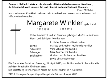 Traueranzeige von Margarete Winkler 