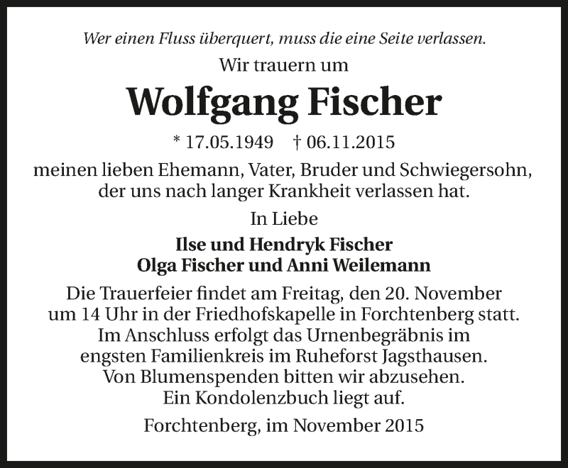  Traueranzeige für Wolfgang Fischer vom 14.11.2015 aus 