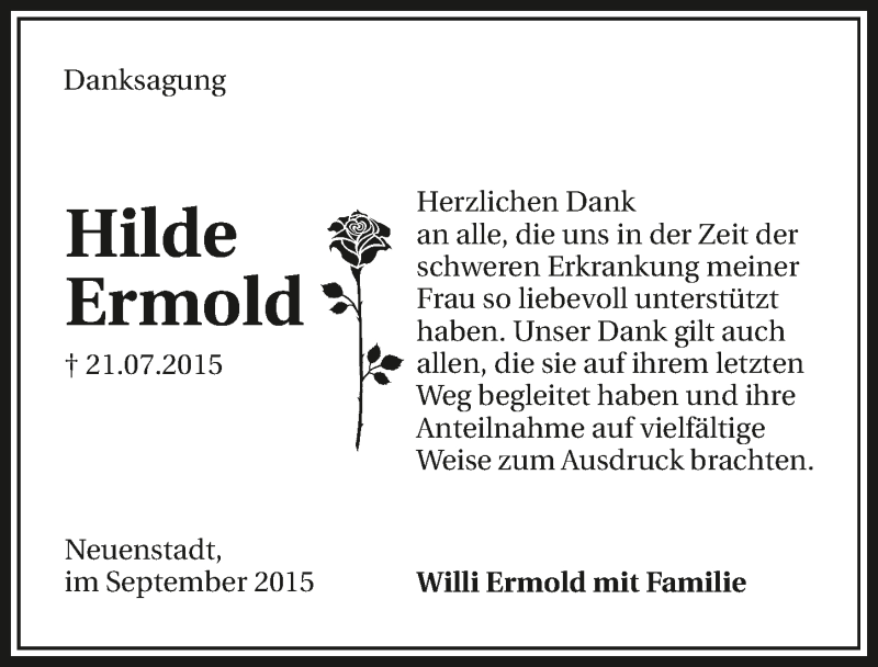  Traueranzeige für Hilde Ermold vom 05.09.2015 aus 
