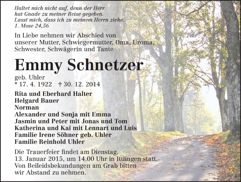  Traueranzeige für Emmy Schnetzer vom 09.01.2015 aus 