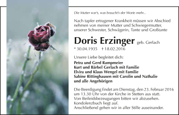 Traueranzeige von Doris Erzinger 