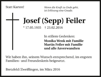 Traueranzeige von Josef Feiler 