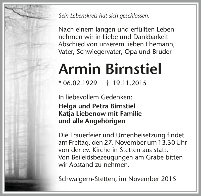  Traueranzeige für Armin Birnstiel vom 25.11.2015 aus 