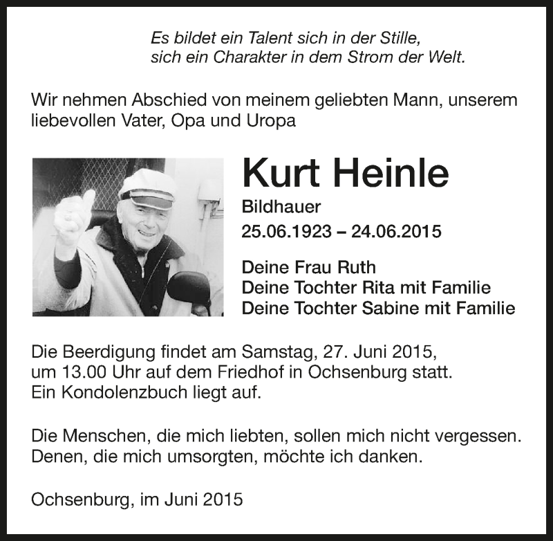  Traueranzeige für Kurt Heinle vom 26.06.2015 aus 