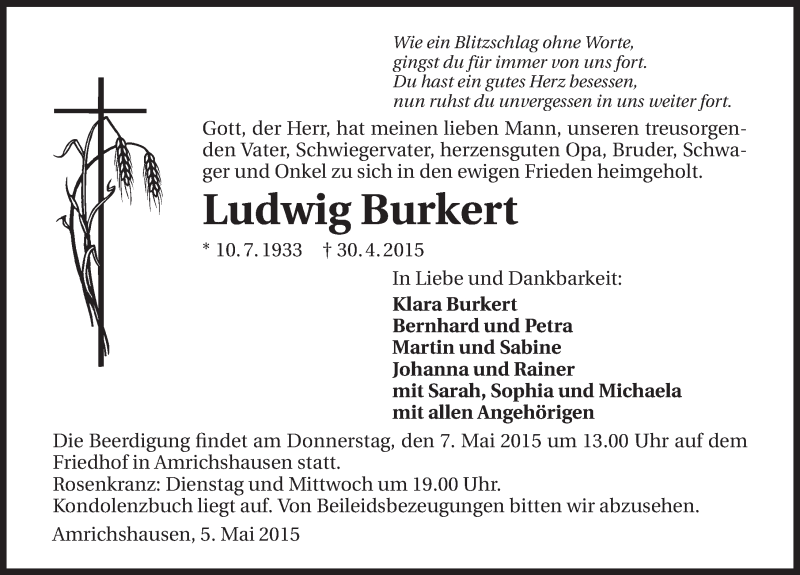  Traueranzeige für Ludwig Burkert vom 05.05.2015 aus 