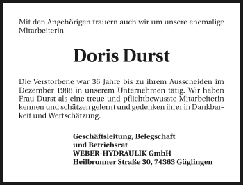Traueranzeige von Doris Durst 