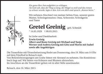Traueranzeige von Gretel Greinig 