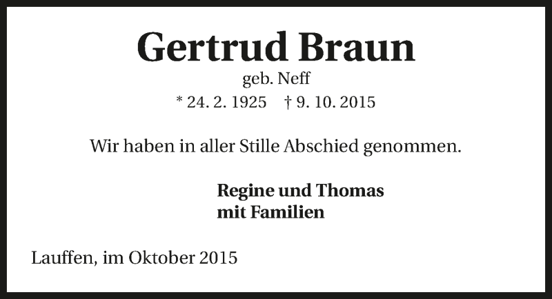  Traueranzeige für Gertrud Braun vom 28.10.2015 aus 