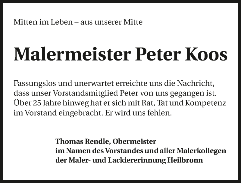  Traueranzeige für Peter Hellmuth Ferdinand Koos vom 02.01.2016 aus 