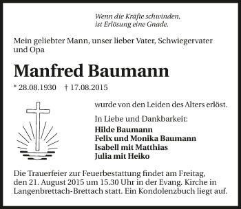 Traueranzeige von Manfred Baumann 