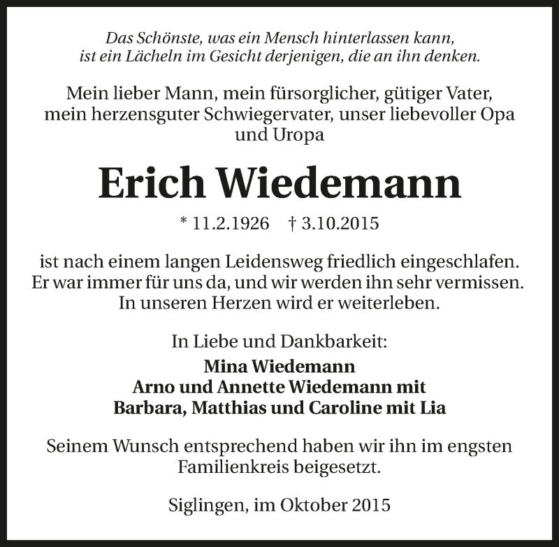  Traueranzeige für Erich Wiedemann vom 27.10.2015 aus 