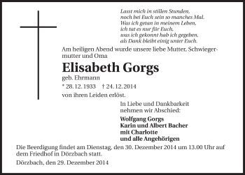 Traueranzeige von Elisabeth Gorgs 