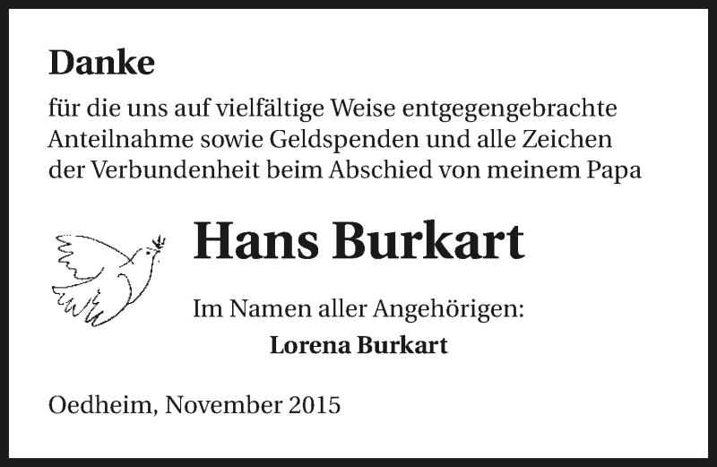 Traueranzeige für Hans Burkart vom 28.11.2015 aus 