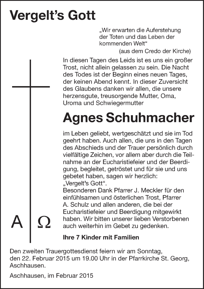  Traueranzeige für Agnes Schuhmacher vom 07.02.2015 aus 