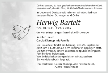 Traueranzeige von Herwig Bartelt 