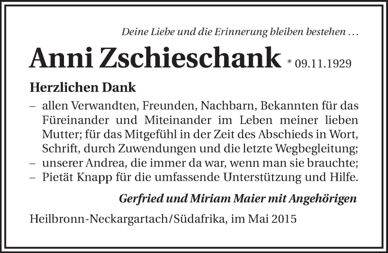  Traueranzeige für Anni Zschieschank vom 23.05.2015 aus 