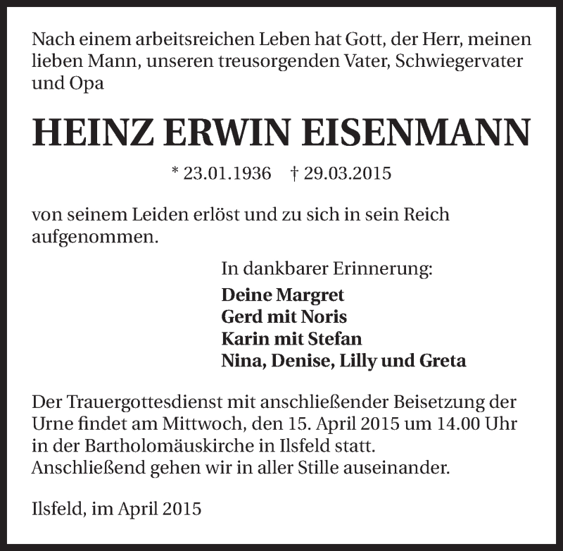  Traueranzeige für Heinz Erwin Eisenmann vom 11.04.2015 aus 