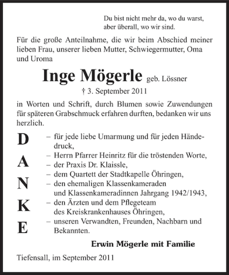  Traueranzeige für Inge geb. Lössner Mögeler vom 01.10.2011 aus 