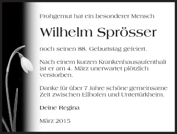 Traueranzeige von Wilhelm Sprösser 