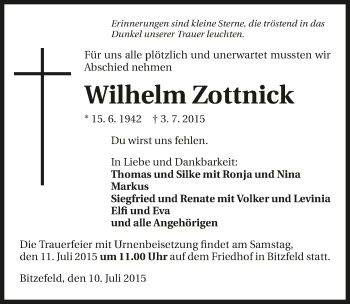 Traueranzeige von Wilhelm Zottnick 