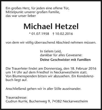 Traueranzeige von Michael Hetzel 