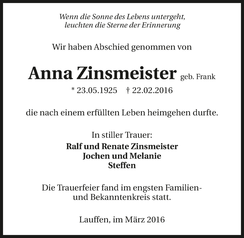  Traueranzeige für Anna Zinsmeister vom 04.03.2016 aus 