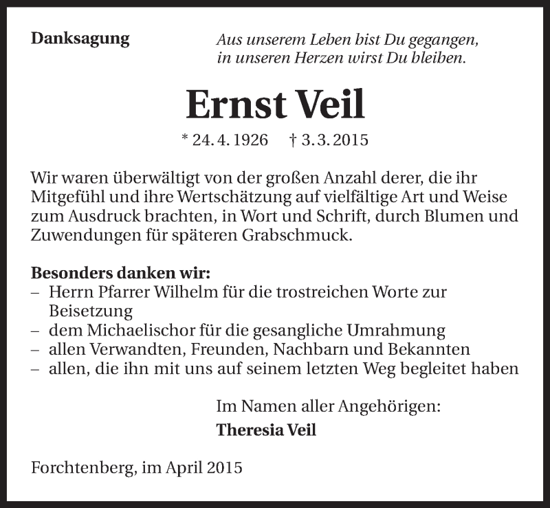  Traueranzeige für Ernst Veil vom 01.04.2015 aus 