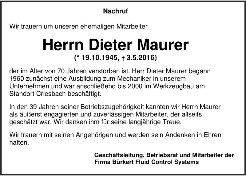  Traueranzeige für Dieter Maurer vom 17.05.2016 aus 