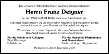 Traueranzeige von Franz Deigner 