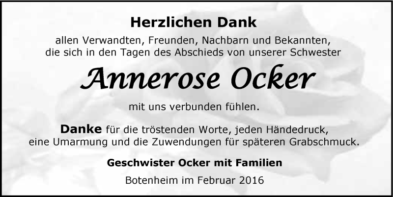  Traueranzeige für Annerose Ocker vom 27.02.2016 aus 
