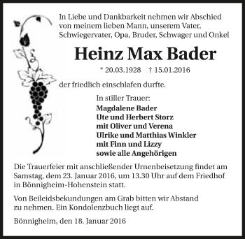 Traueranzeige von HeinzMax Bader 