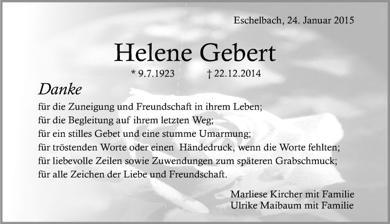  Traueranzeige für Helene Gebert vom 24.01.2015 aus 