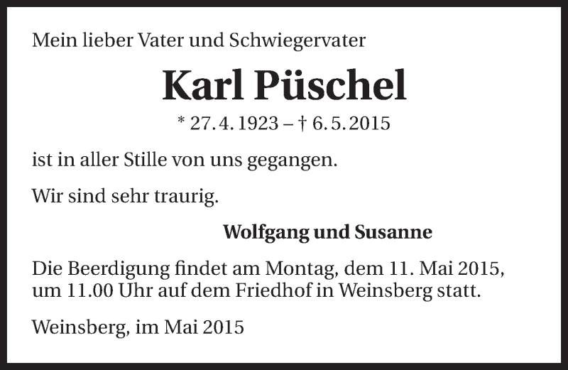  Traueranzeige für Karl Püschel vom 09.05.2015 aus 