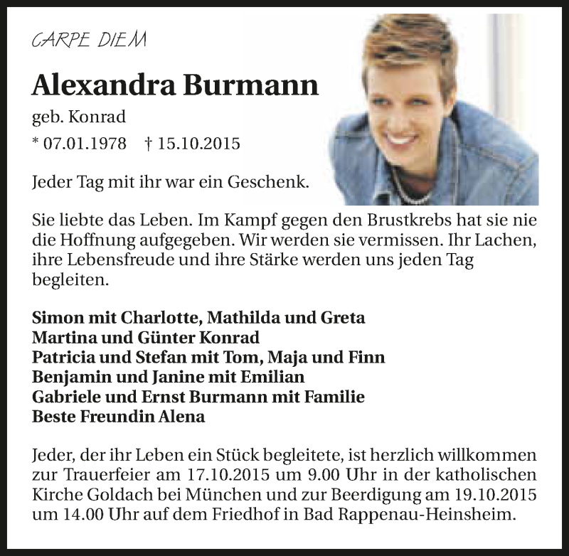  Traueranzeige für Alexandra Burmann vom 17.10.2015 aus 