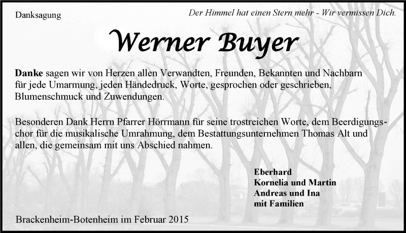  Traueranzeige für Werner Buyer vom 06.02.2015 aus 