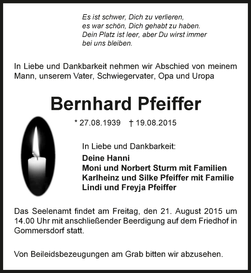  Traueranzeige für Bernd Pfeiffer vom 20.08.2015 aus 