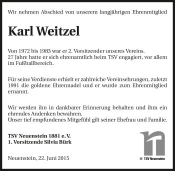 Traueranzeige von Karl Weitzel 