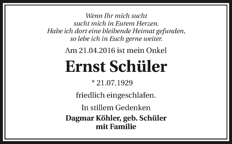  Traueranzeige für Ernst Schüler vom 25.04.2016 aus 