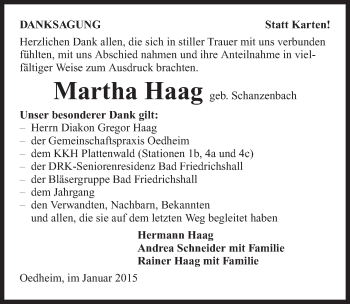 Traueranzeige von Martha Haag 