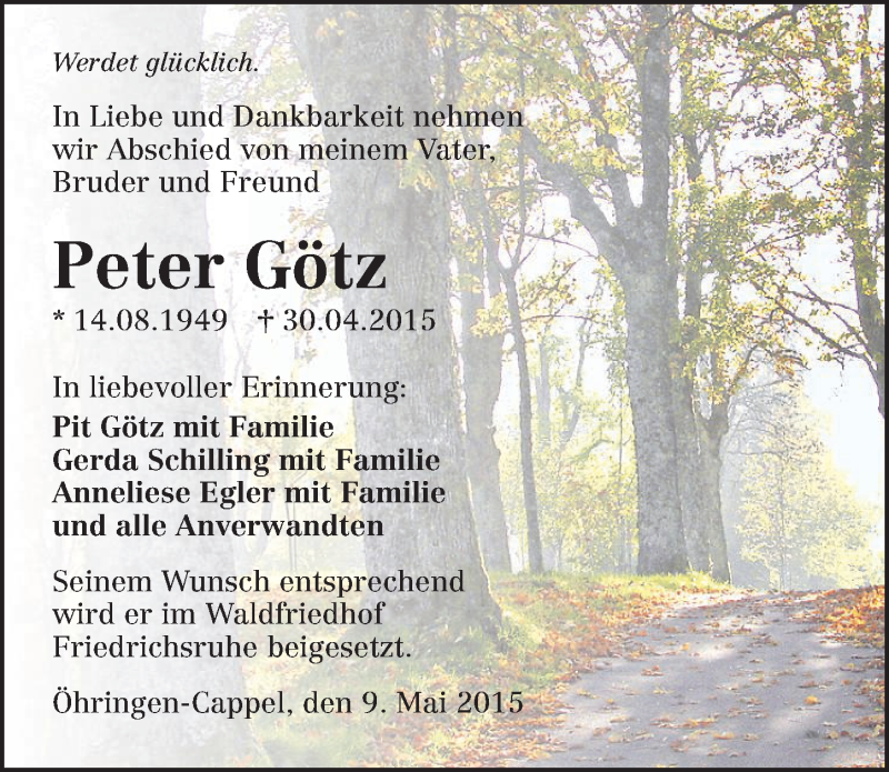  Traueranzeige für Peter Götz vom 09.05.2015 aus 