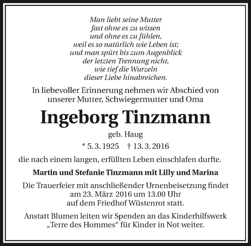  Traueranzeige für Ingeborg Tinzmann vom 19.03.2016 aus 