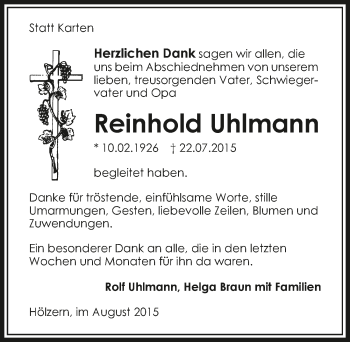 Traueranzeige von Reinhold Uhlmann 