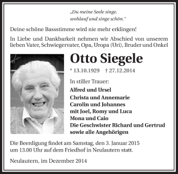 Traueranzeige von Otto Siegele 