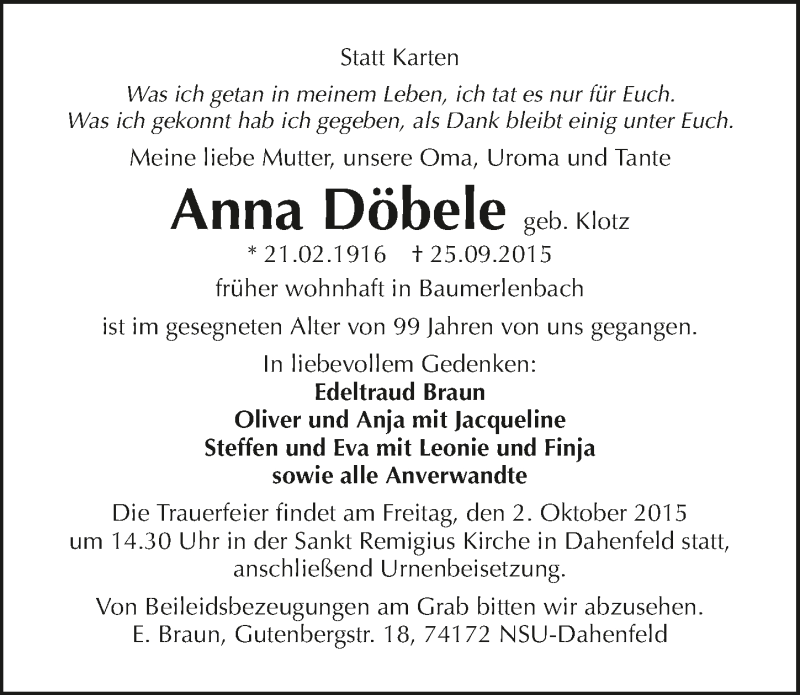  Traueranzeige für Anna Döbele vom 30.09.2015 aus 