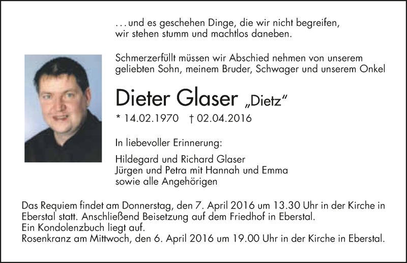  Traueranzeige für Dieter Glaser vom 05.04.2016 aus 
